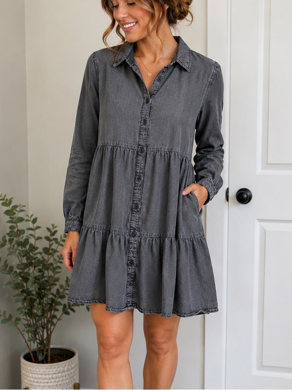 Serra Gray Lyocell Tiered Shirt Dress Size Large